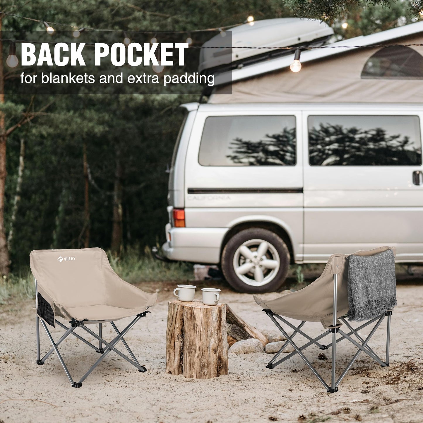 VILLEY Camping Chair Beach Folding Chair, Outdoor Lawn Portable Lightweight Chair, Foldable Chair with Carry Bag, for Outside Hiking, Fishing, Travel, Beach and Sports, Beige