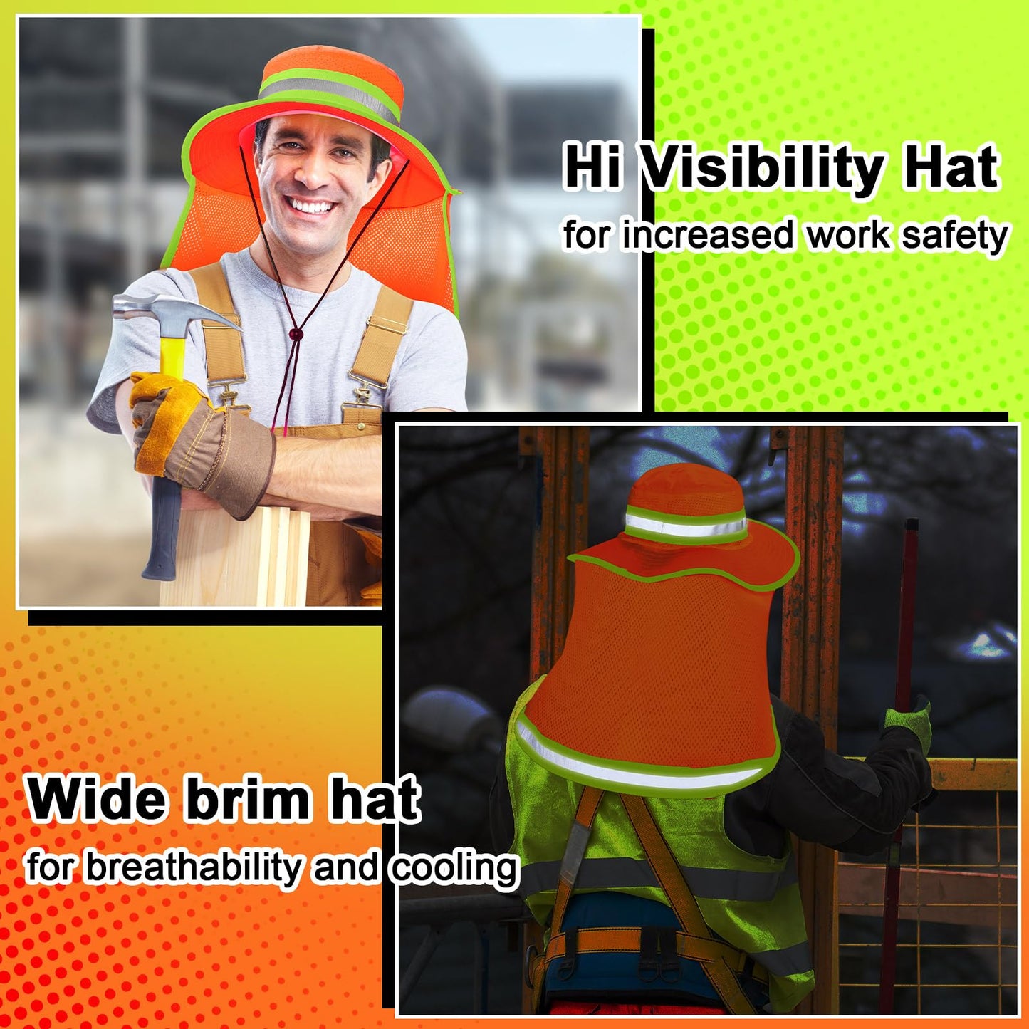Jexine 10 Pcs High Visibility Reflective Hat with Neck Flap Safety Sun Hat for Men Bucket Cap Boonie Hats Bulk(Yellow, Orange)