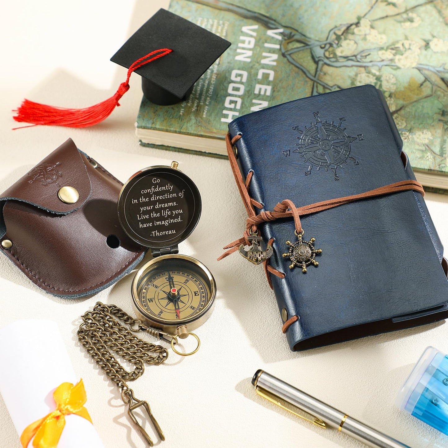 Kanayu 2 Pcs Compass Graduation Gift Compass with Stamped Leather Case and Leather Journal Notebook High School College Graduation Gifts for Him(Dark Blue)
