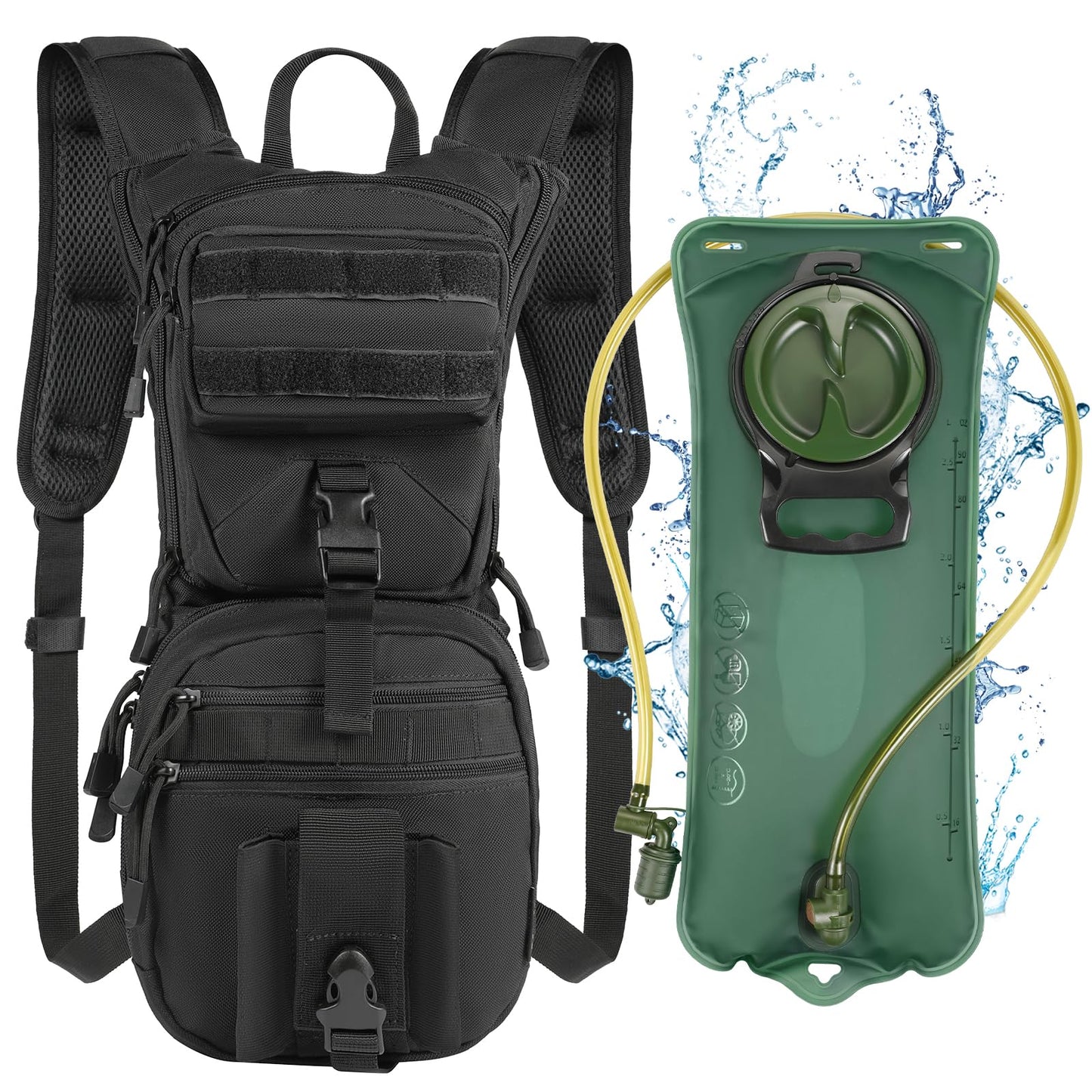LarKoo Tactical Molle Hydration Backpack with 3L TPU Water Bladder, High Flow Bite Valve Water Backpack Bag Military Daypack Men Women Lightweight Insulation