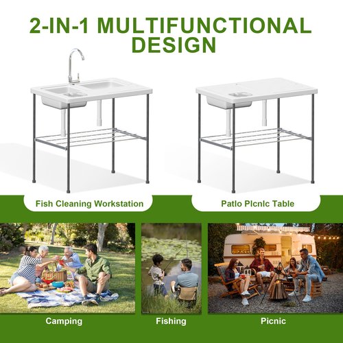 THUNDERBAY Portable Folding Fish Game Cleaning Camp Table Heavy Duty 40''Fillet Table with Double Sink and Faucet