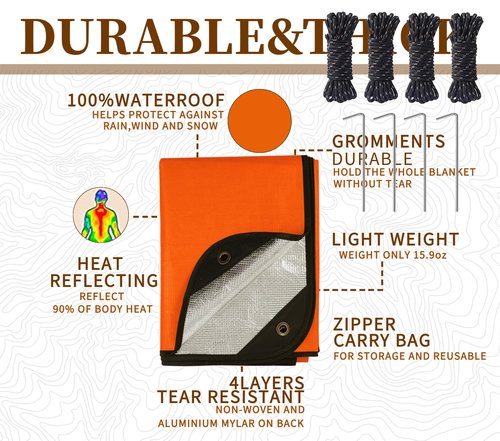 BESTHUNTINER Heavy Duty Survival Blanket -Multifunctional Reflective Tarp Thermal Blanket - 60" x 83" Waterproof Sandproof for Camping Hiking Outdoors Multifunctional Emergency Blanket