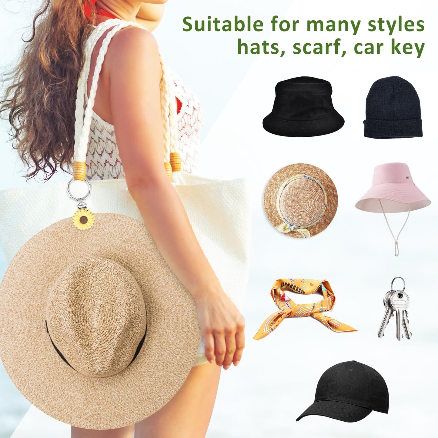 2 Pcs Hat Clip for Travel on Bag- Securely Attach Hats to Bags, Totes, Luggage - Hands-Free, Prevents Loss at Beach/Outings (US, Alpha, One Size, Bamboo Ring, Yellow & White Flowers)