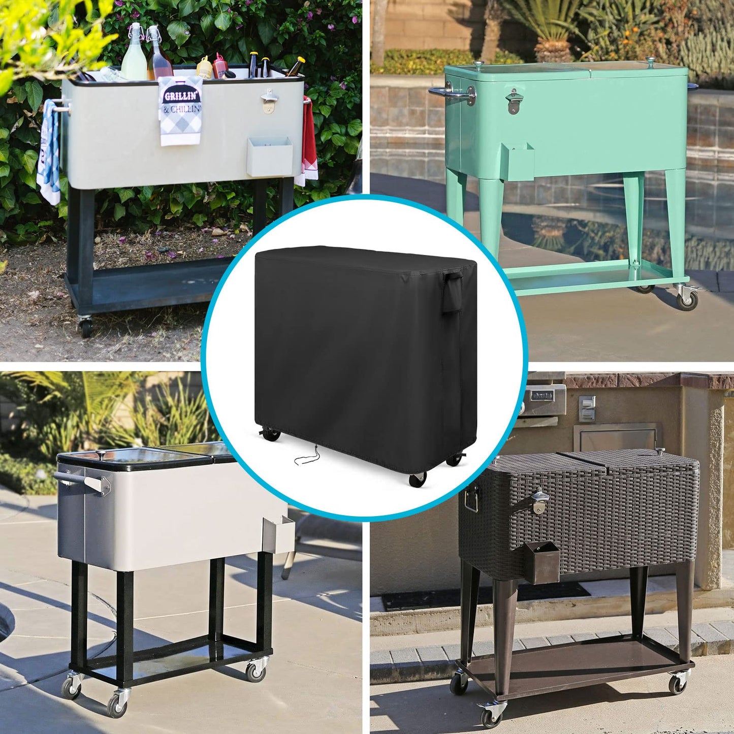 Kingling Cooler Cart Cover Fits Keter 89.8 Quart Patio Cooler, Waterproof Patio Party Rolling Ice Chest with Wheels Outdoor Cooler Cart Cover Black - 38''L x24''W x35''H