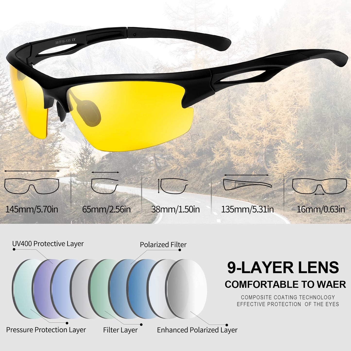 KANASTAL Polarized Night Vision Glasses for Men Women Anti Glare Nighttime Driving Glasses Astigmatism Yellow Lens Sports Shades Cycling Running Accessories