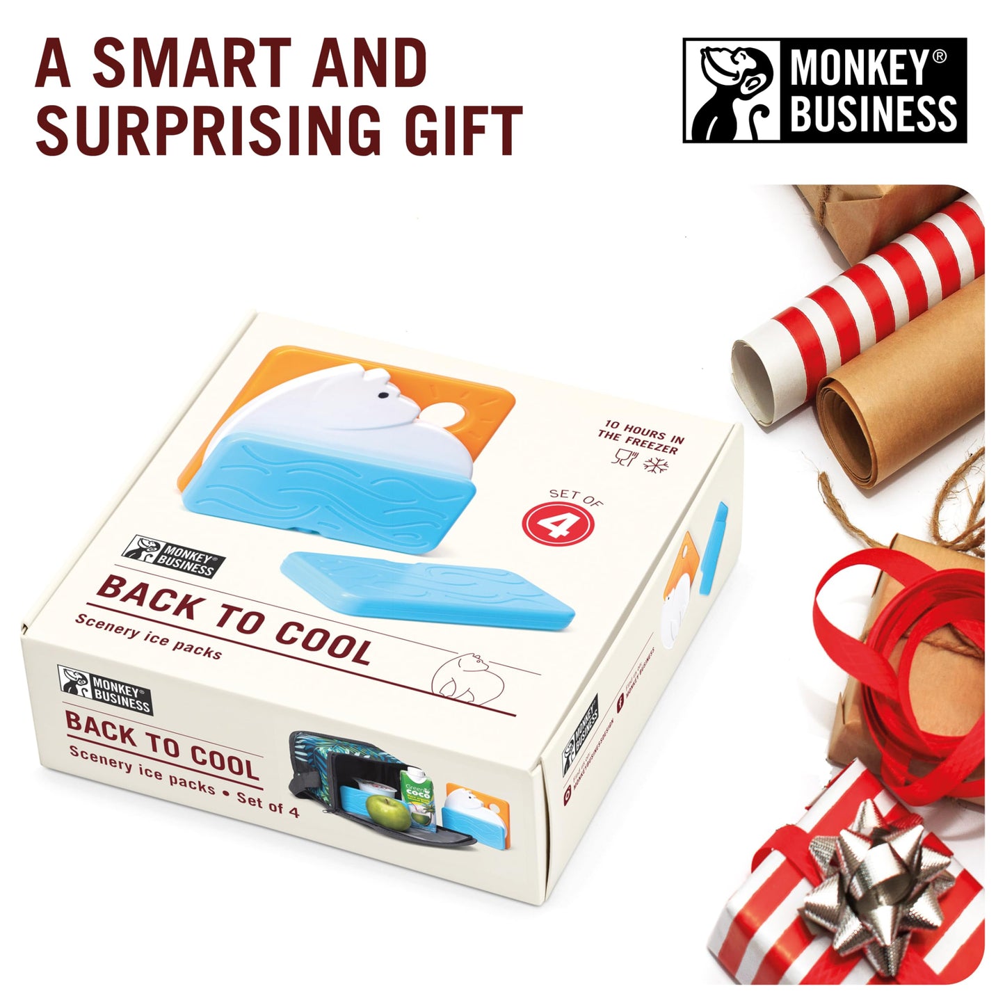 Monkey Business Back To Cool Ice Pack Set, 4 Reusable Ice Packs for Lunch Boxes and Cooler Bags, Colorful Camping Refillable Ice Pack for Food (Polar Bear Set)