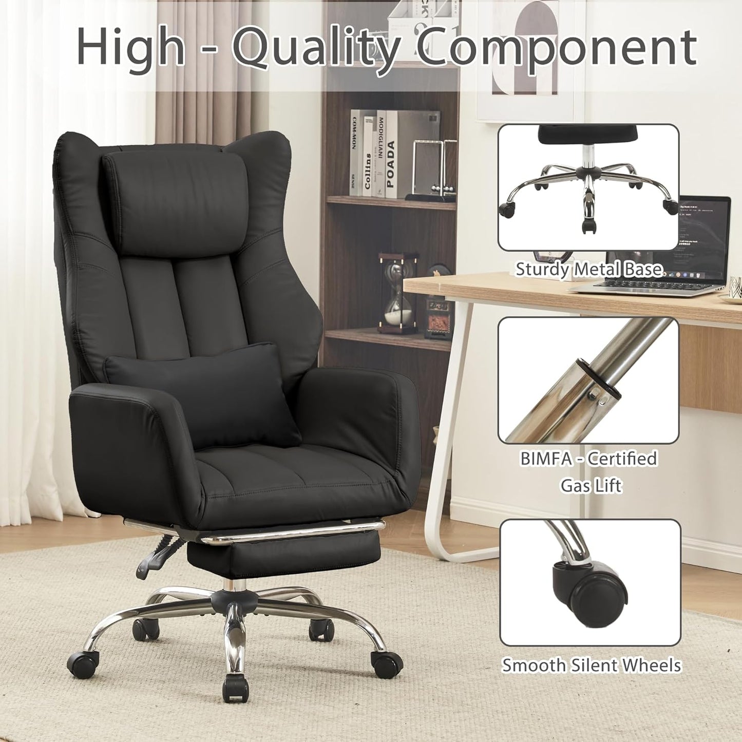 Ergonomic Cross Legged Office Chair with Footrest,Leather Big and Tall Executive Chair with Wheels,Reversible Armrest and Lumbar Pillow,135° Reclining Computer Wide Desk Chair for Home,Office (Beige)