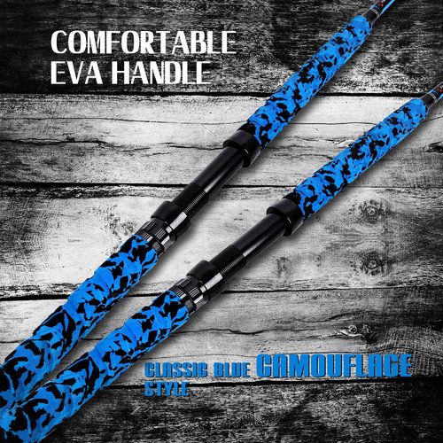 Fiblink Saltwater Fishing Rod 2Piece Offshore Trolling Rod Big Game Deep Sea Rod Conventional Boat Blue Camouflage Fishing Pole(5'6"30-50lbs)