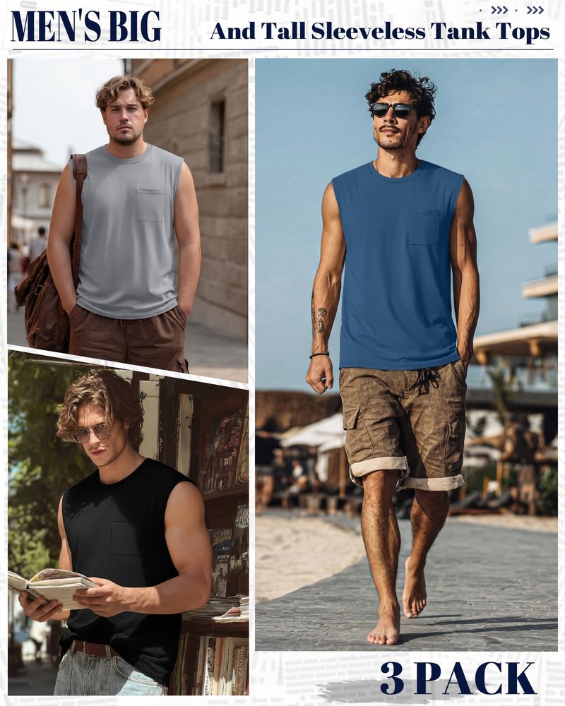Huukeay 3 Pack Cotton Men's Big and Tall Sleeveless Tank Tops Muscle Shirts Gym Casual Workout Tees with Pocket(Black, Light Gray, Blue,X-Large)