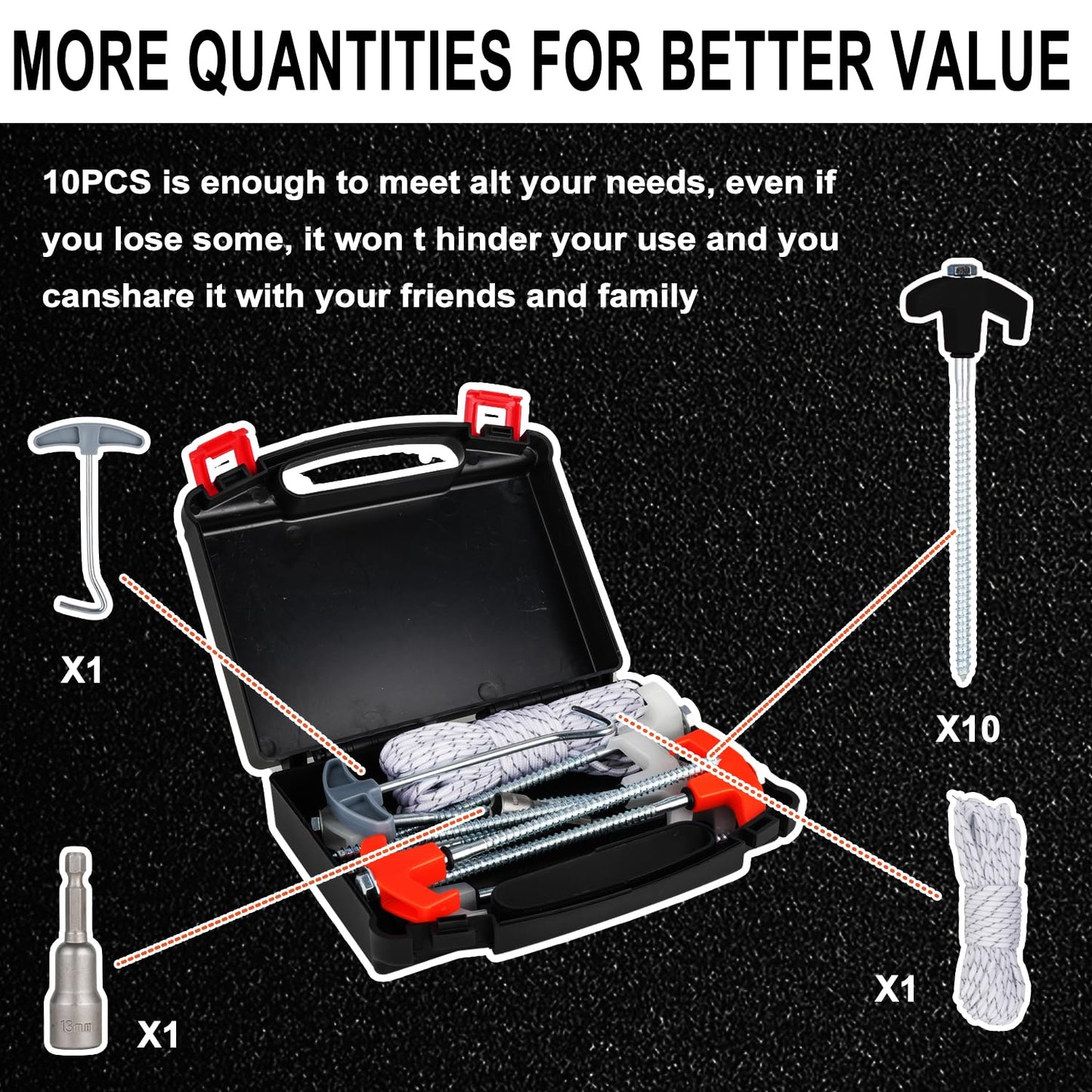 10PCS Screw in Tent Stakes Heavy Duty,8 Inch Screw in Tent Pegs,Metal Camping Stakes,with Hex Head Driver,Nail Lifter,Ropes,Camping Tent Accessories,Black