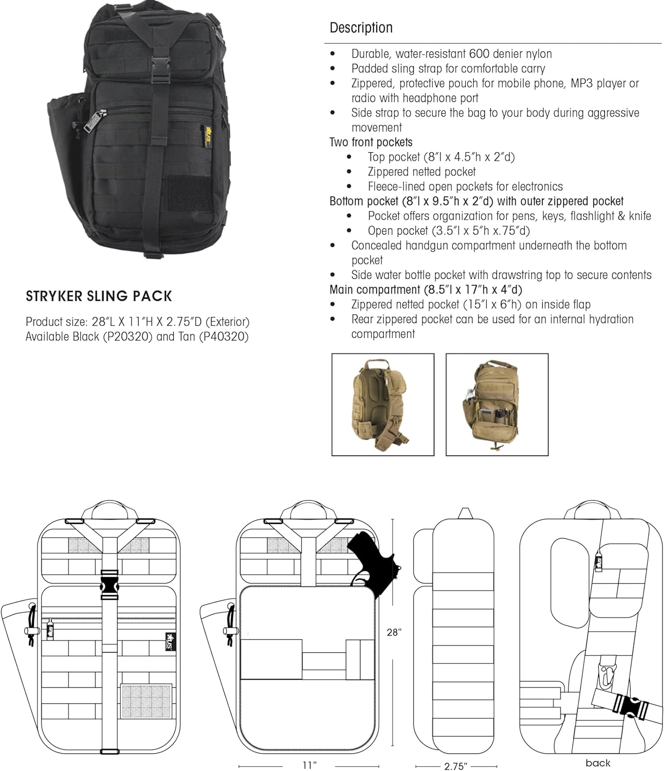 P20320 - Stryker Sling Pack - Heavy Duty Water Resistant Fabric - Padded Sling - Comfortable Carry - Concealed Compartment - Black