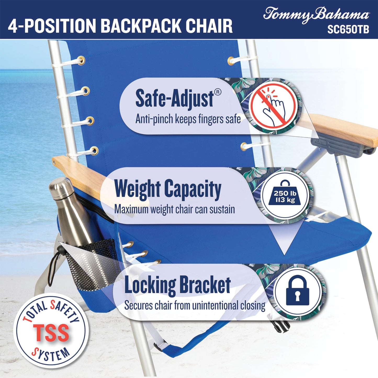 Tommy Bahama Hi-Boy 17" Seat Height 4-Position Lace-Up Suspension Folding Beach Backpack Chair, 2-Pack, Stripe