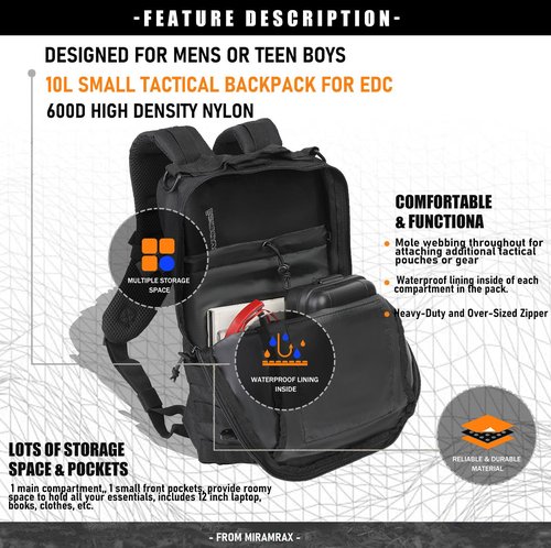 Miramrax 12L Small Backpack Day Pack - Mini Tactical Backpacks Military Daypack Molle Bag Rucksack Bug Out Bag for Hiking (Black)