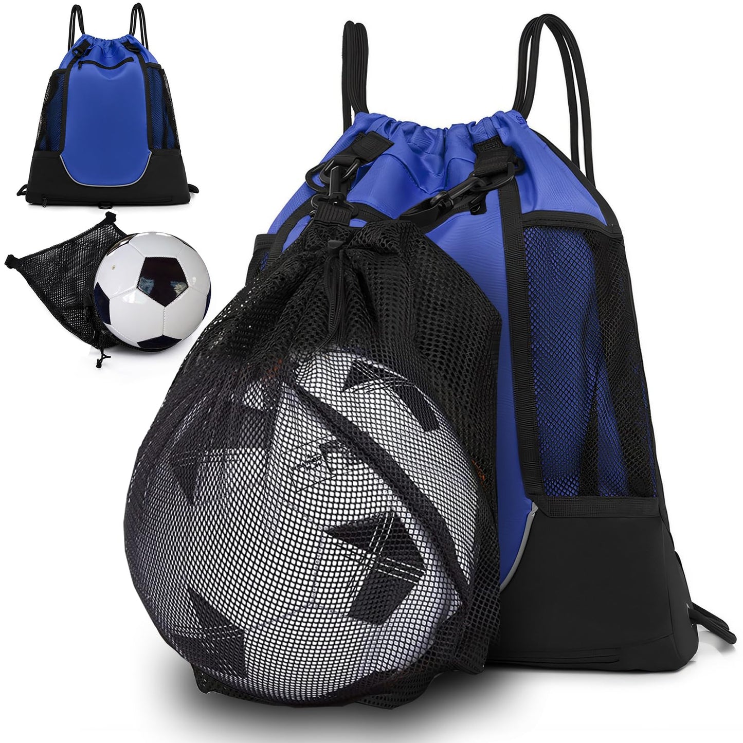 KAEGREEL Drawstring Soccer Bag Foldable Basketball Football Backpack Versatile Sports Bag with Detachable Ball Mesh Bag for Gym Volleyball Baseball Yoga, Blue