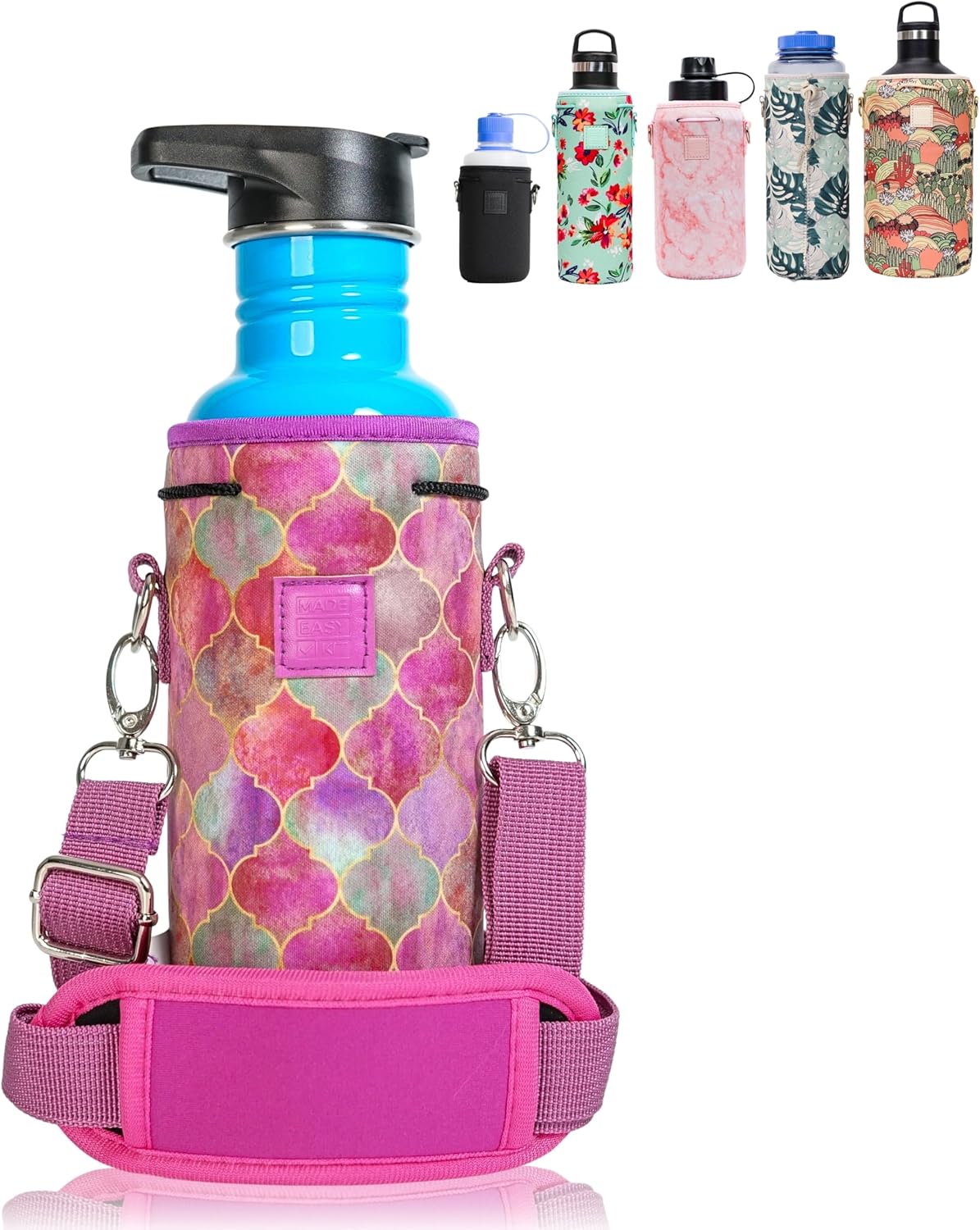 Insulated Neoprene Water Bottle Carrier | Adjustable Sling Pouch | Black, Large