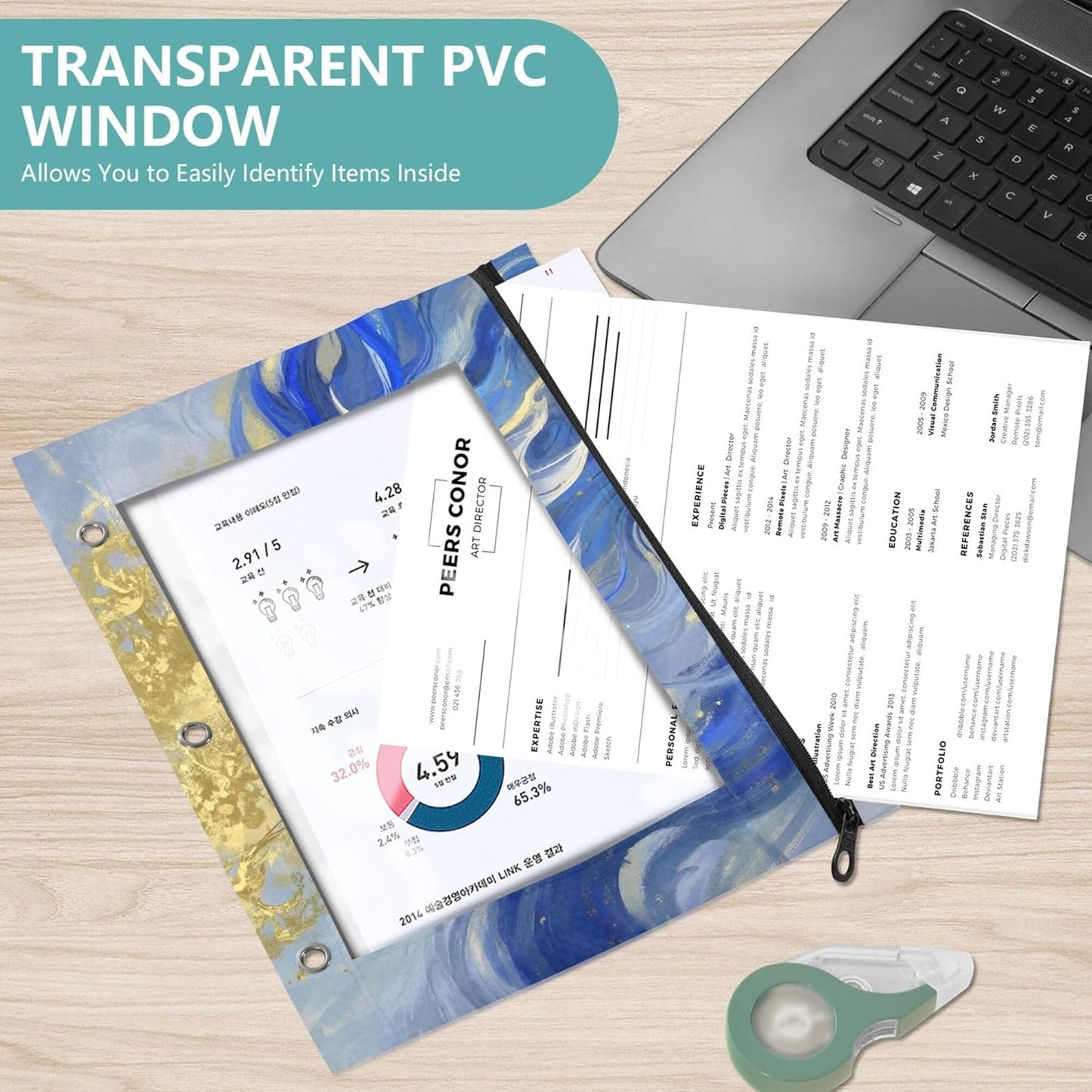 Largemouth Bass Fish 2 Pack 3 Ring Binder Pocket A4 Size Binder Pouches Clear PVC Loose Leaf Folder Sleeves Storage Bags for Files, Documents