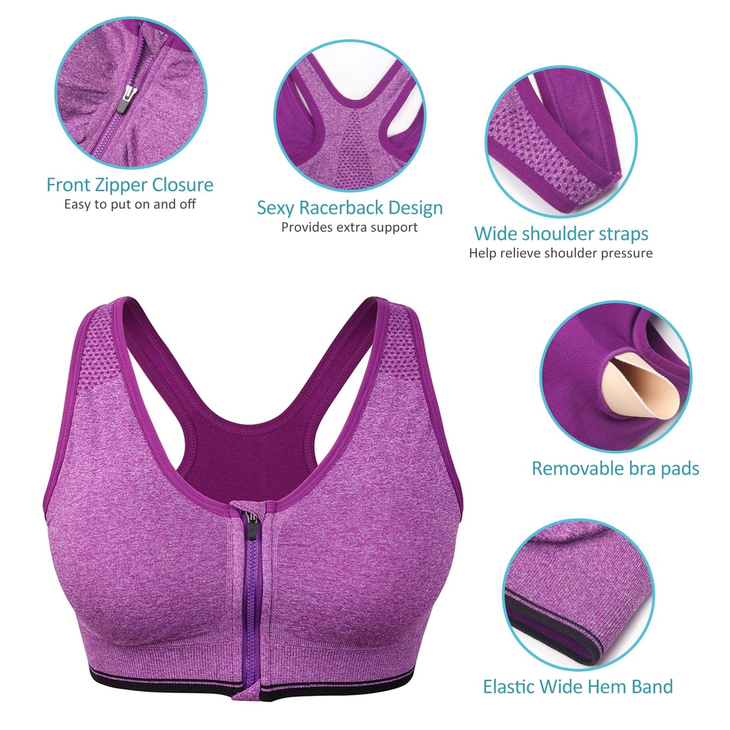 Women's Zip Front Sports Bra - Wireless, Padded, Open Front, Racerback - Comfortable Yoga & Workout Bras - Plus Size (XX-Large) 3 Pack (Black+Flesh+Purple)