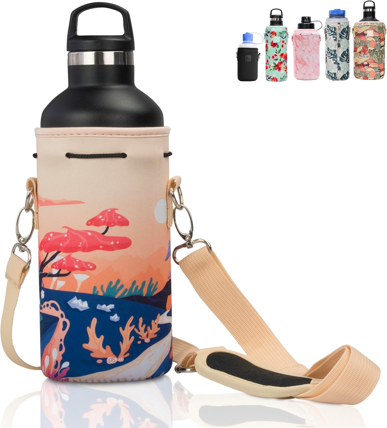 Insulated Neoprene Water Bottle Carrier | Adjustable Sling Pouch | Black, Large