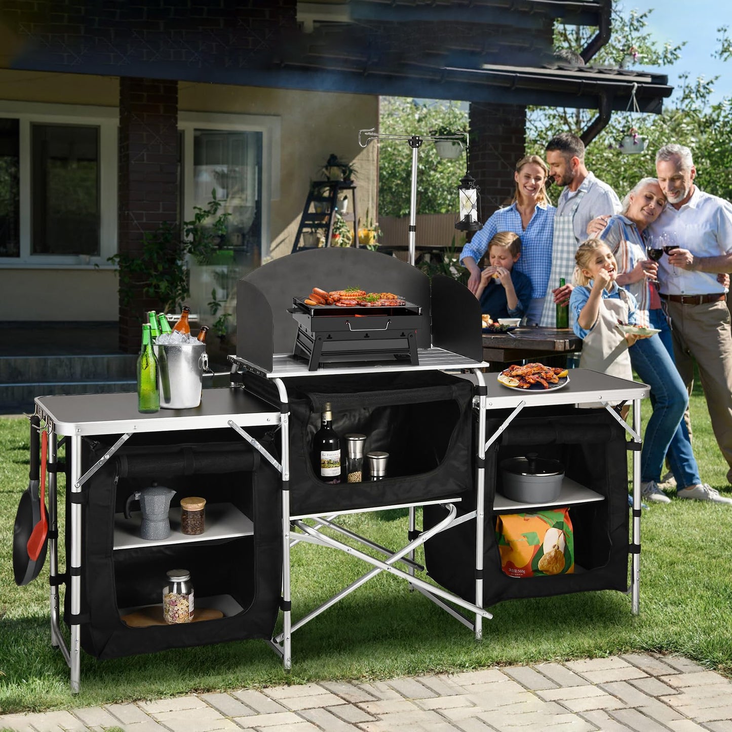 JOUYEK Cmaping KitchenTable, Aluminum Folding Camping Cook Station with Windshield, Upgrade Light Stand, Storage Bag, Quick Installation for Outdoor, Picnic, Cooking