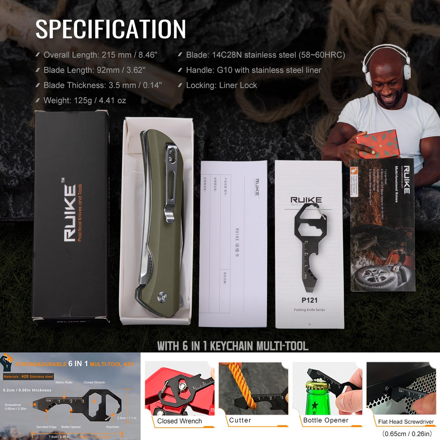 Heavy Outdoor Tactical Folding Pocket Knife for men,14C28N Stainless Steel Blade,G10 Handle,Liner Lock,EDC Hunting Bushcrafting Camping Knives Belt Clip Carry,Microtech Elemental Fishing Hiking,Father Dad Gifts Ruike p121