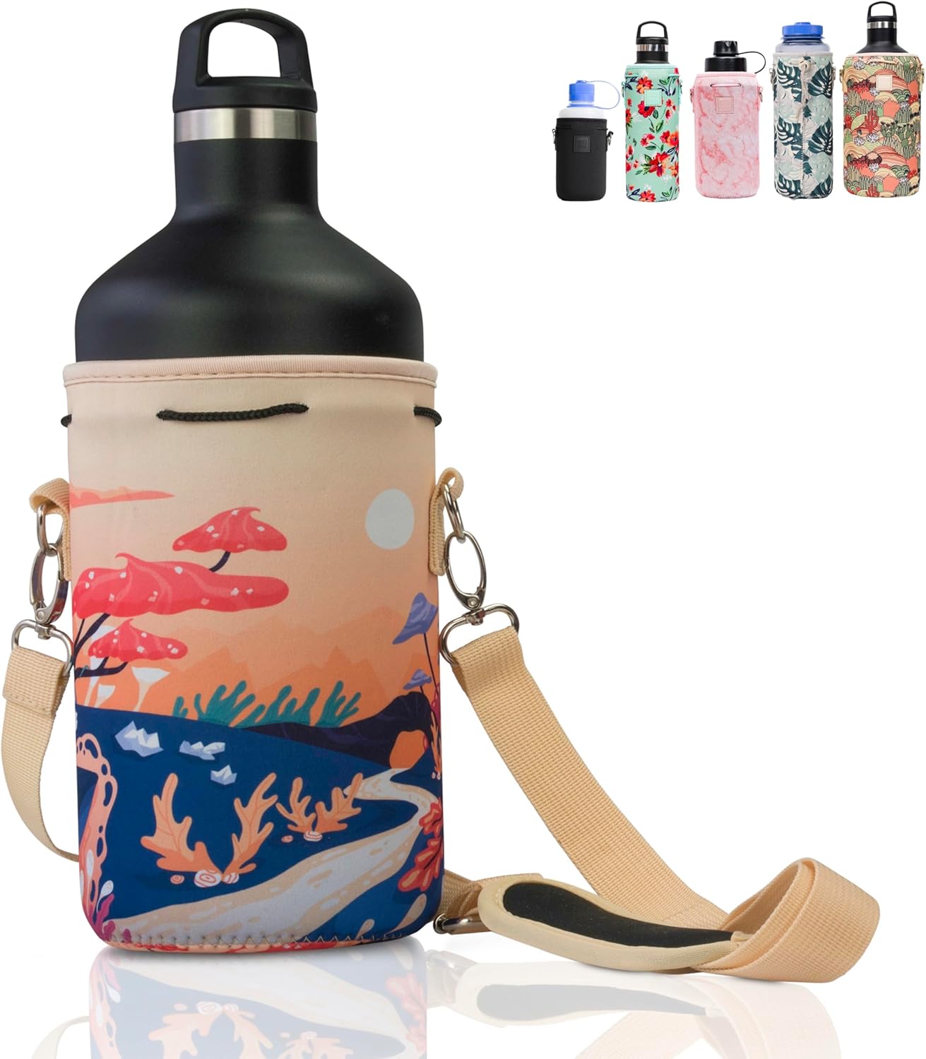 Insulated Neoprene Water Bottle Carrier | Adjustable Sling Pouch | Black, Large