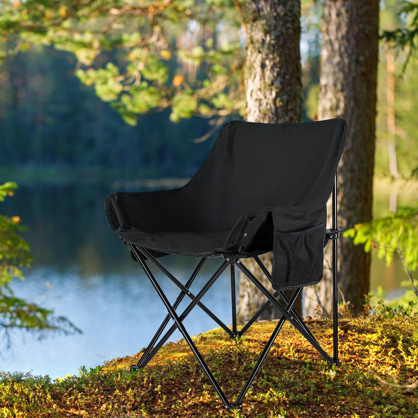 Leonyo 2 Pcs Portable Camping Chairs for Adults, Comfortable & Oversized Lawn Chair & Folding Camping Table for Outdoor Sports, Fishing, Rv Travel, Beach, Picnic – Black