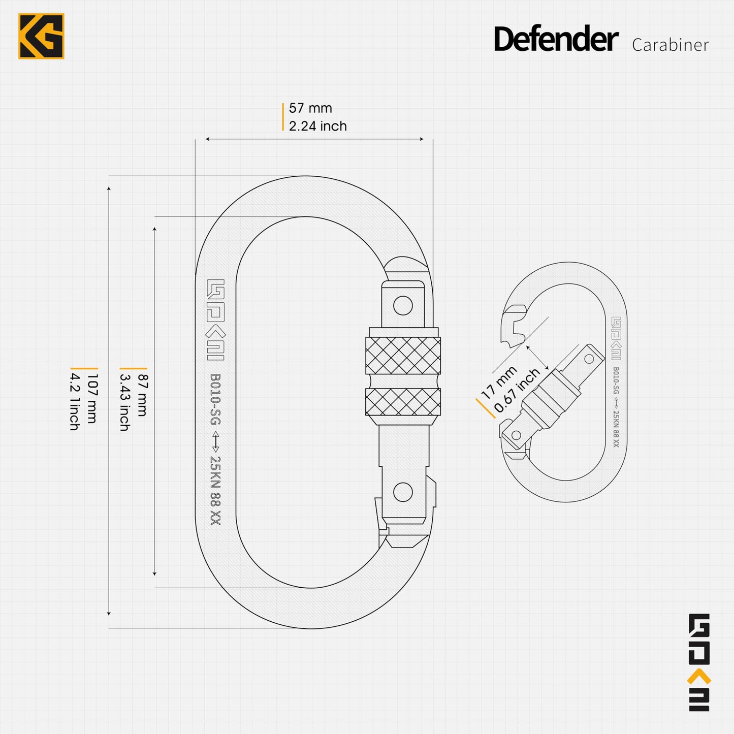 GDK2 Defender CE Certified 25kN Screwgate Locking Carabiner in Size 4.21 x 2.24 inch, Heavy-Duty Carabiners for Climbing, Rappelling, and Mountaineering, Carbon Steel, Midnight Black, 1 Pack