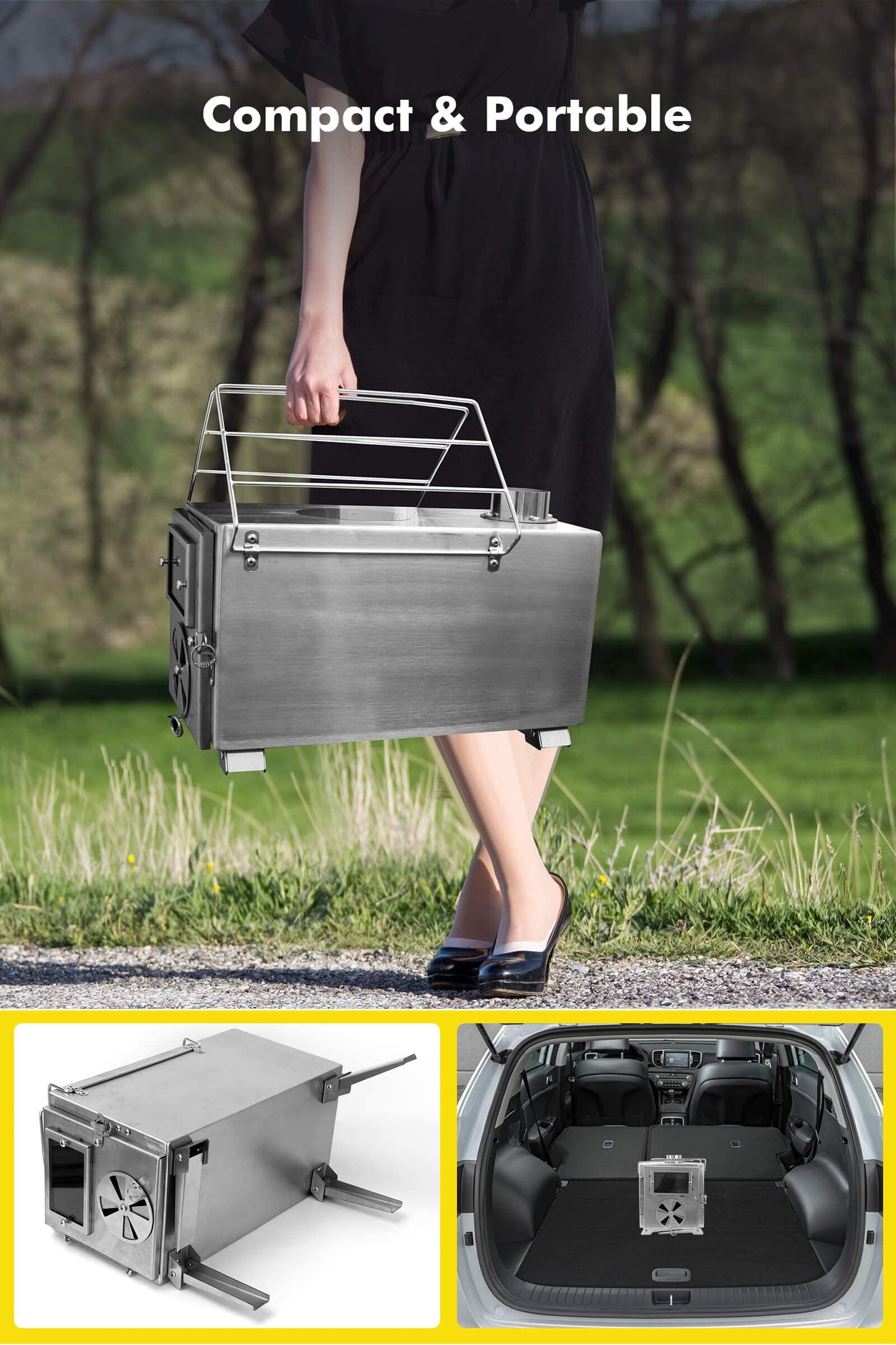 SOPPY Hot Tent Stove for Camping, 304 Stainless Steel Wood Burning Stove with 7 Chimney Pipe, Backpacking Tent Stove for Ice Fishing, Camping, Hunting, Hiking, Silver