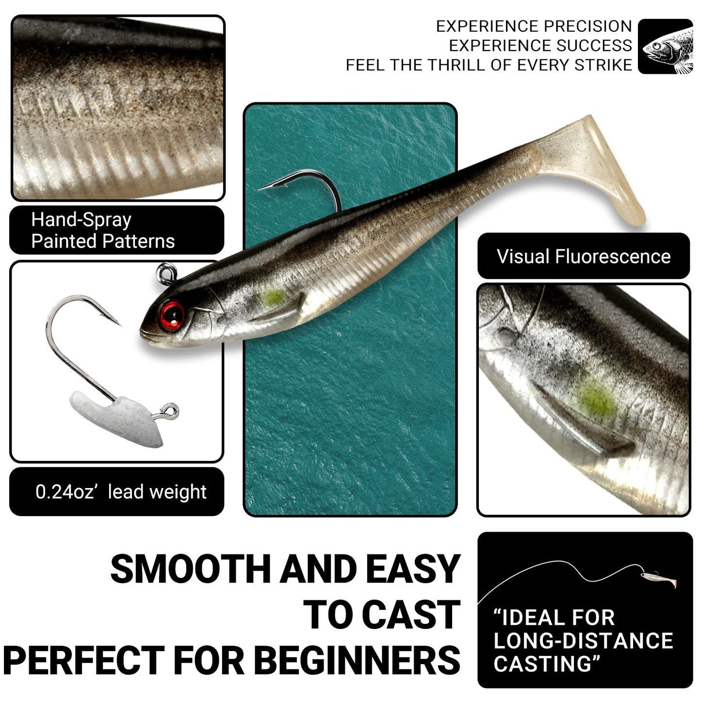 3.5In 0.42Oz Pre-Rigged Swim Baits for Bass Fishing - Jig Heads Soft Plastic Walleye Lures, Paddle Tail Swimbaits for Bass, Crappie & Trout Lures, Fishing Bait for Saltwater & Freshwater