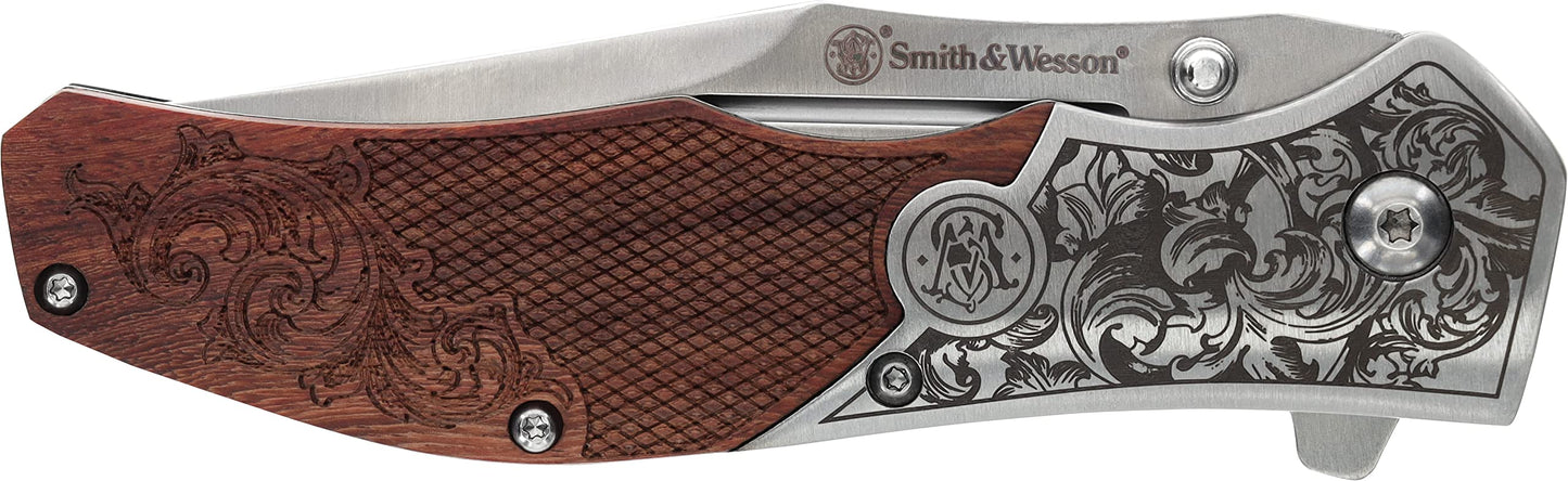 Smith & Wesson Accessories Smith & Wesson Unwavered Folder Featuring Engraved Rosewood Handle, Drop Point Blade, and 8Cr13MoV Stainless Steel
