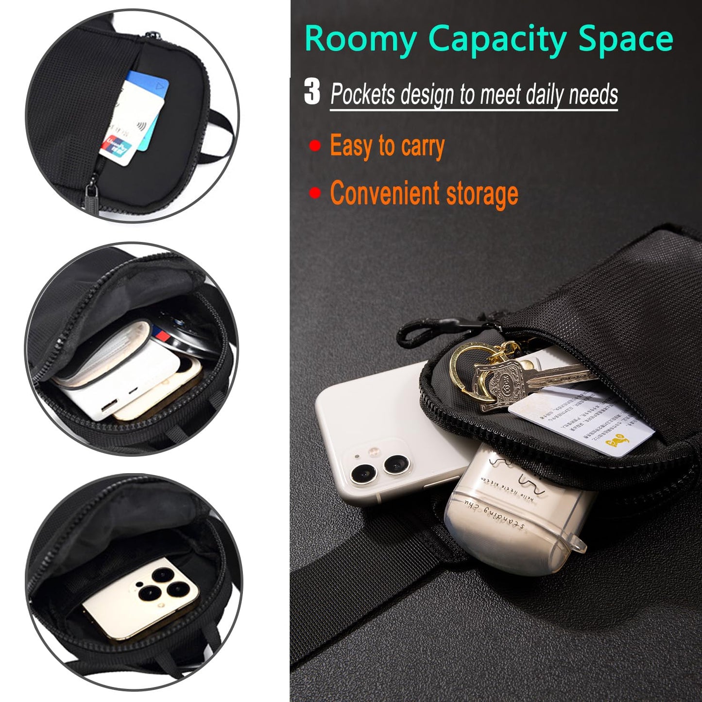 LKEX Mini Sling Bag - Men's & Women's Crossbody Fanny Pack - Casual Personal Pocket Backpack - Phone & Chest Bag (Black, Mini (L*W*H=13*3*19cm))