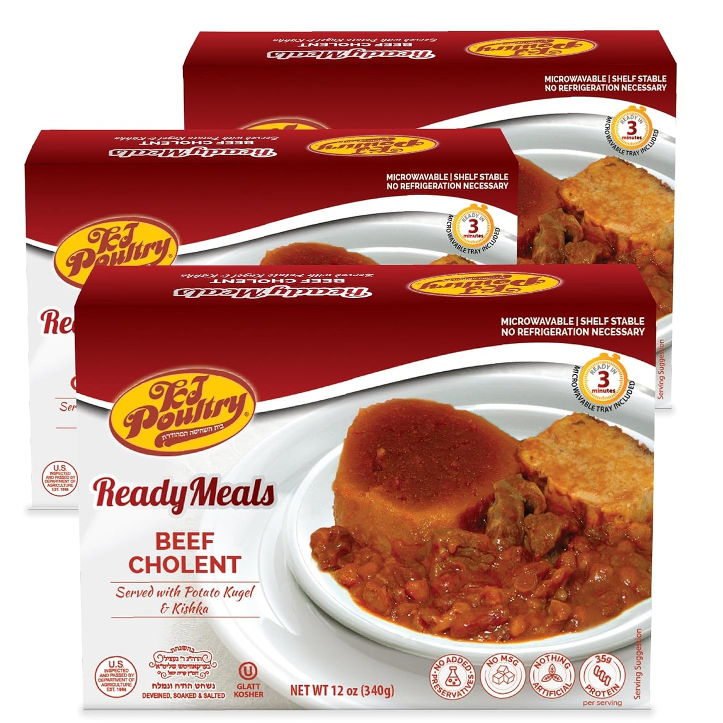 KJ Poultry Kosher Ready Meals - Beef Chulent & Kugel, MRE Meat Meals Ready to Eat, Shabbos Food (1 Pack) Prepared Entree Fully Cooked, Shelf Stable Microwave Dinner Travel, Military, Camping, Survival
