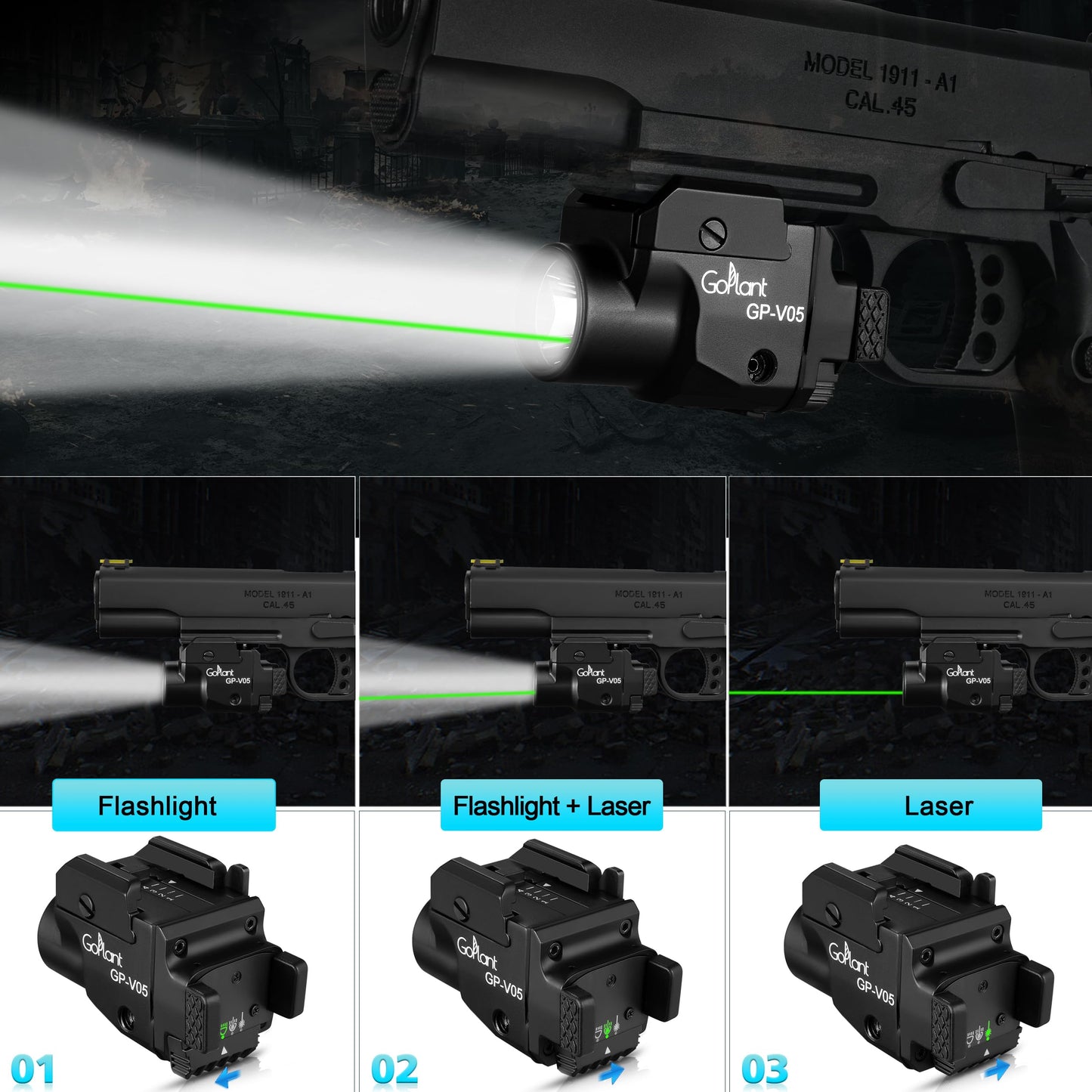 1500 Lumens Compact Weapon Laser Light, Aircraft Grade Aluminum Pistol Light, Adjustable Rail-Mounted Handgun Light and Green Laser Combo (Black)