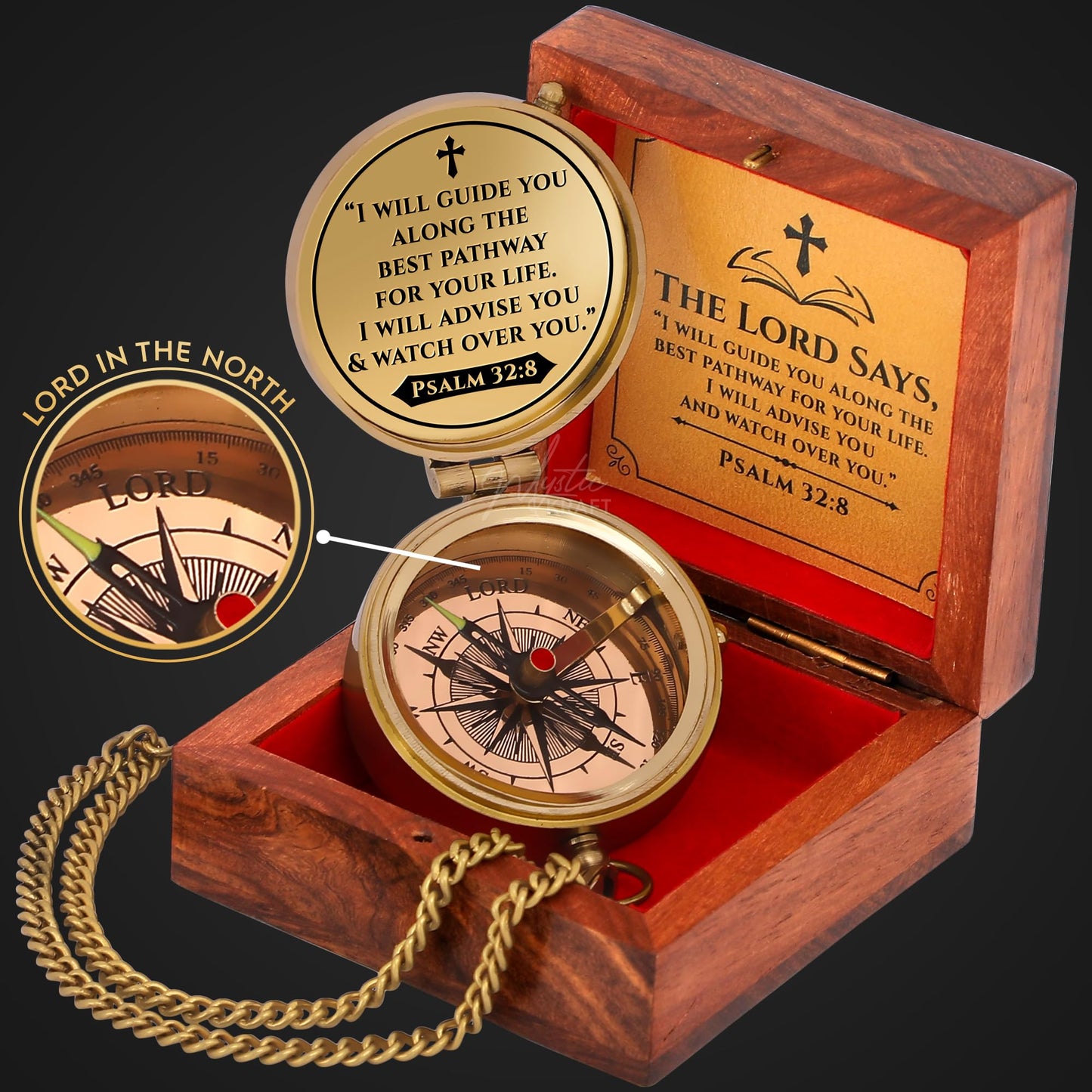 MYSTICKRAFT Engraved Brass Pocket Compass Gift - Psalm 32:8, First Communion Gifts, Baptism Gifts for Boys, Confirmation Gifts, Gifts for Men, Catholic Religious Christian Easter Gifts for Kids