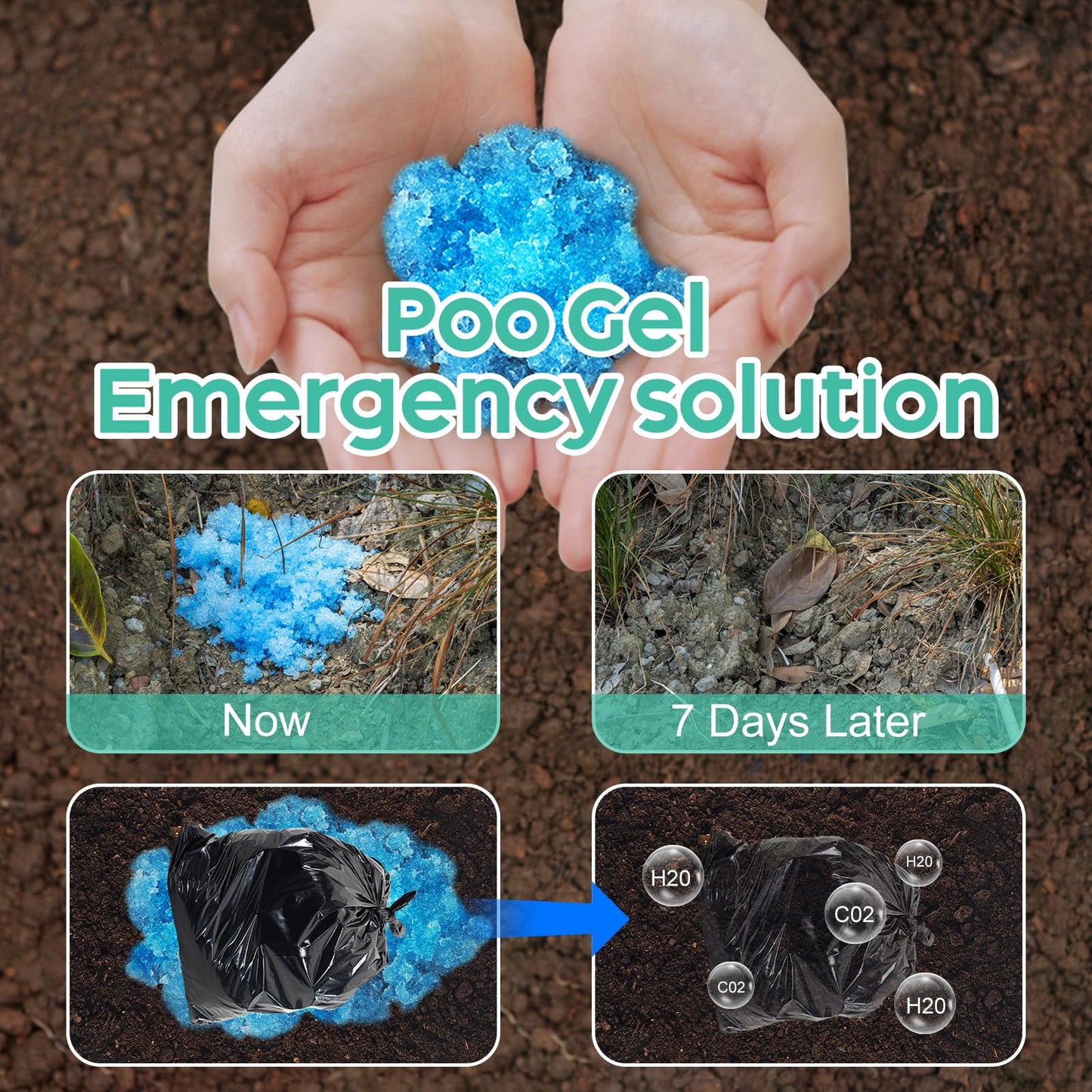 30 Portable Toilet Bags Poo Gel Set, 8 Gallon Camping Toilet Bags with Portable Absorbent Toilet Gel, Urine Powder with Potty Trash Waste Bags for Outdoor Camping, Traveling, Emergency