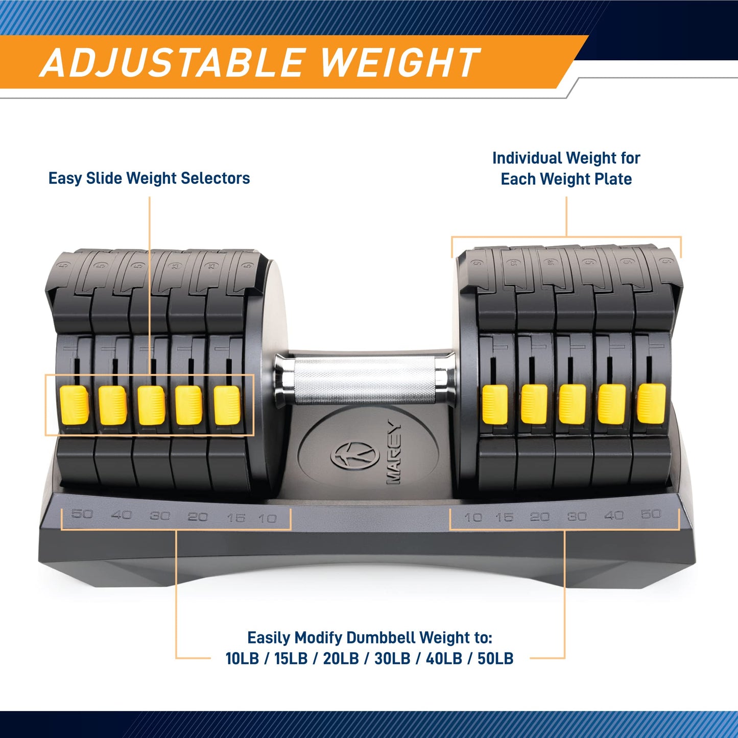 Marcy Adjustable Dumbbell System 6 Dumbbells-in-1 up to 50lbs, Single - ADDB-6198