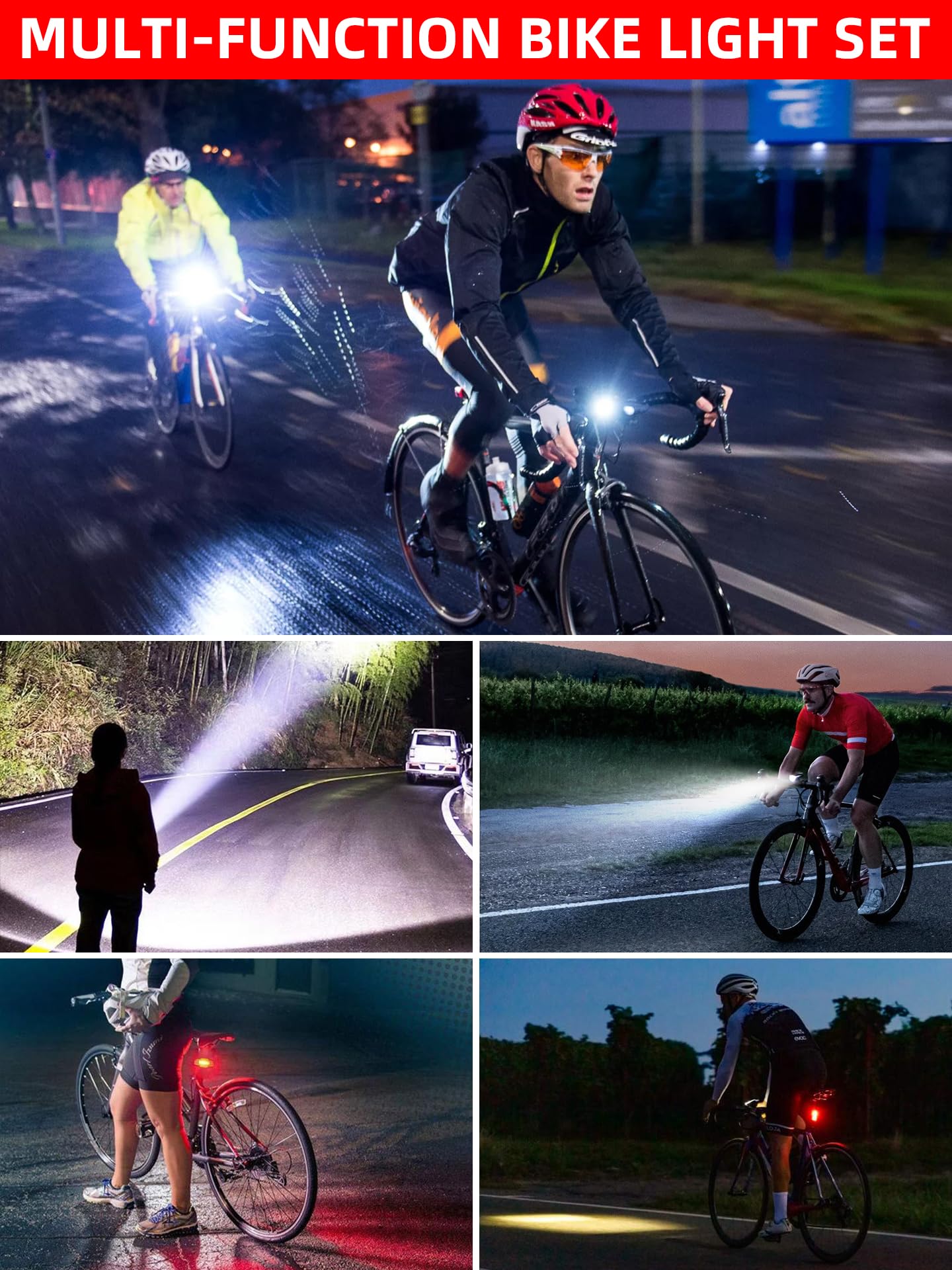 10000mAh Bike Lights for Night Riding - Mental Bike Light Set 5LED Light USB Rechargeable Front and Back Headlights & Taillights for Night Riding - 20000 Lumen, Easy Install, IPX6 Waterproof - Black