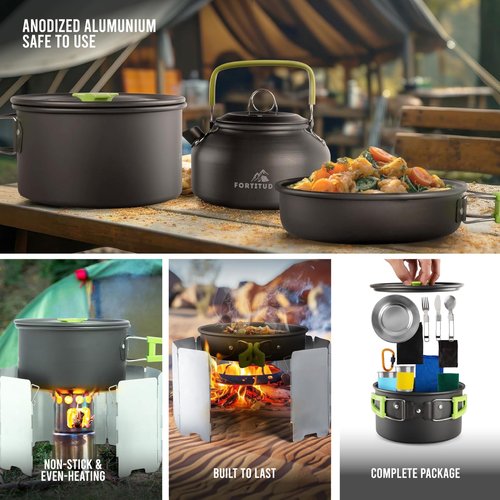 Fortitude21 Camping Cookware Set - 19-Piece Lightweight Backpacking Cookware with Pots, Pans, Utensils - Compact Outdoor Cooking Kit for Camping, Hiking, Backpacking & Survival