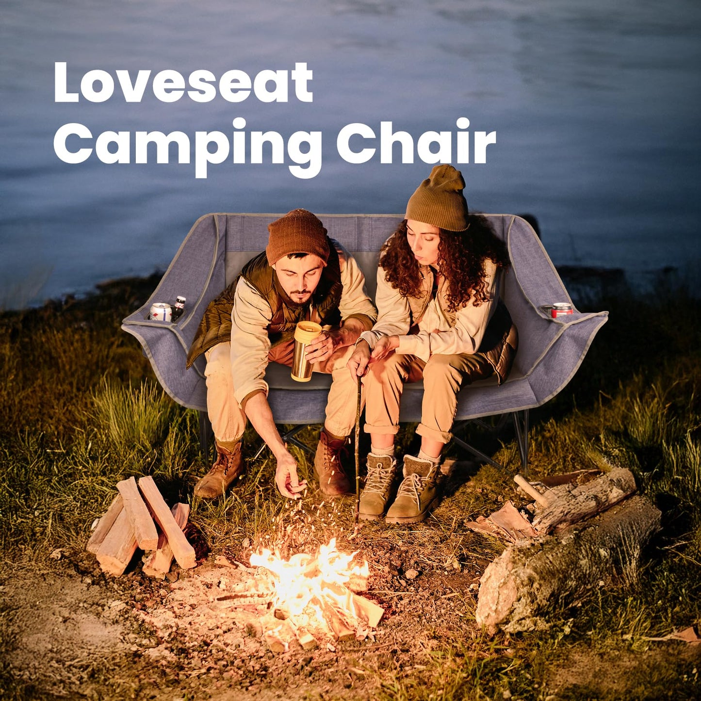Join Nature 700lbs Capacity Double Camping Chair for 2 Adults - Low-Profile Outdoor Loveseat with XL Cup Holders & Storage Pockets, Heavy Duty Folding Couch for Camping, Lawn, Backyard (Navy Blue)