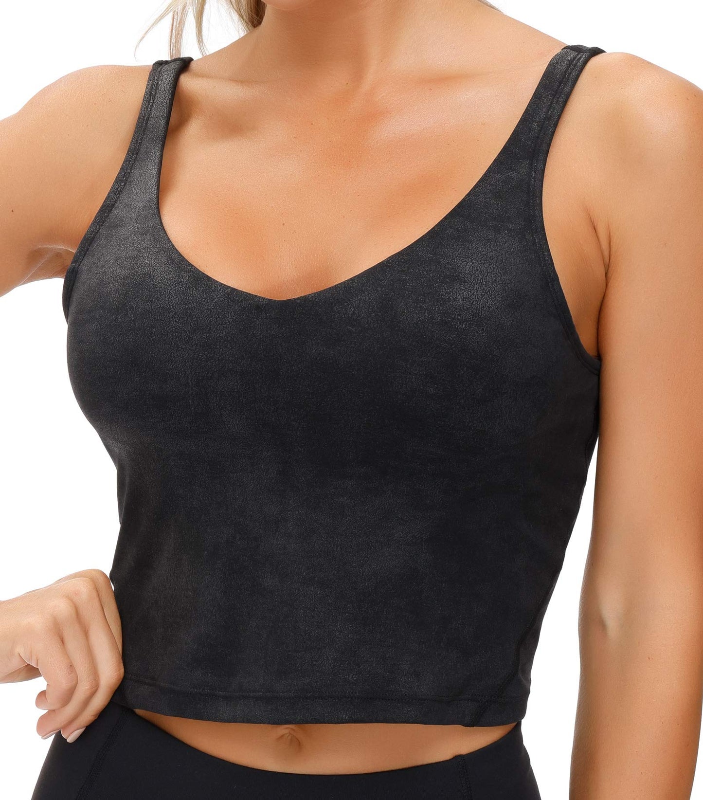 THE GYM PEOPLE Women’s Longline Sports Bra Wirefree Padded Medium Support Yoga Bras Gym Running Workout Tank Tops (Faux Leather Coated, Medium)