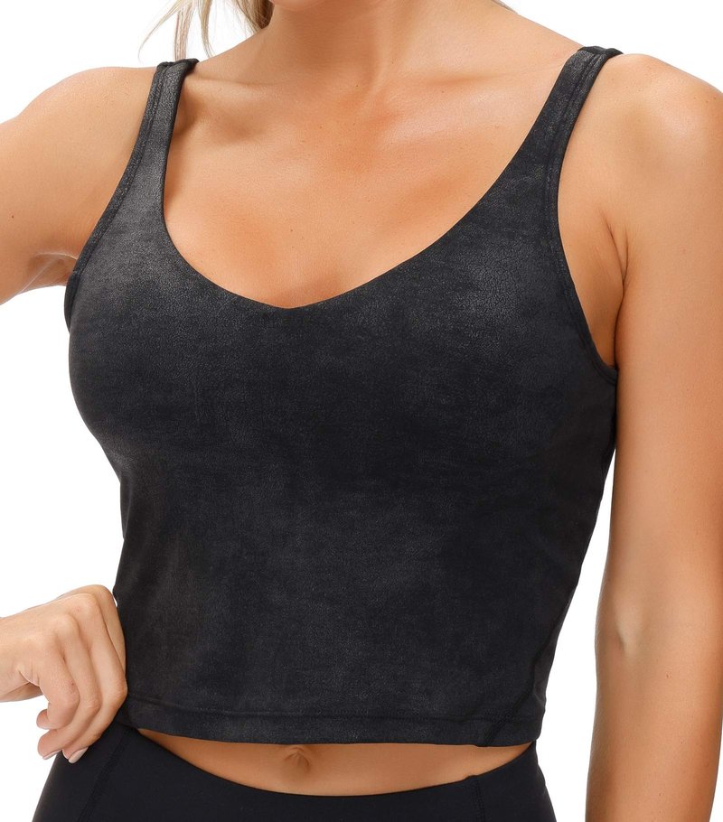 THE GYM PEOPLE Women’s Longline Sports Bra Wirefree Padded Medium Support Yoga Bras Gym Running Workout Tank Tops (Faux Leather Coated, Medium)