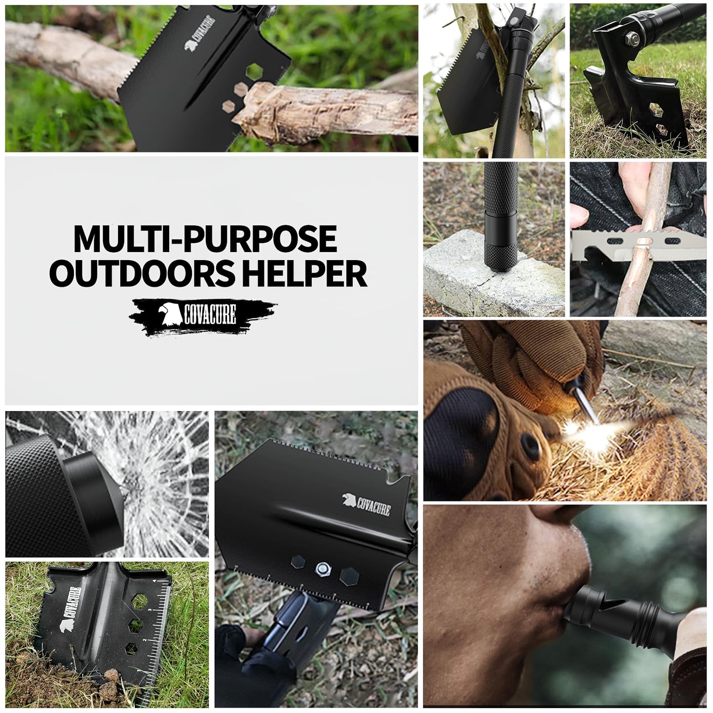 COVACURE Survival Shovel Multi-Purpose Camping Shovel - Unbreakable Tactical Shovel Heavy Duty Survival Camping Gear for Off-Roading, Camping, Gardening, Hiking, Outdoor