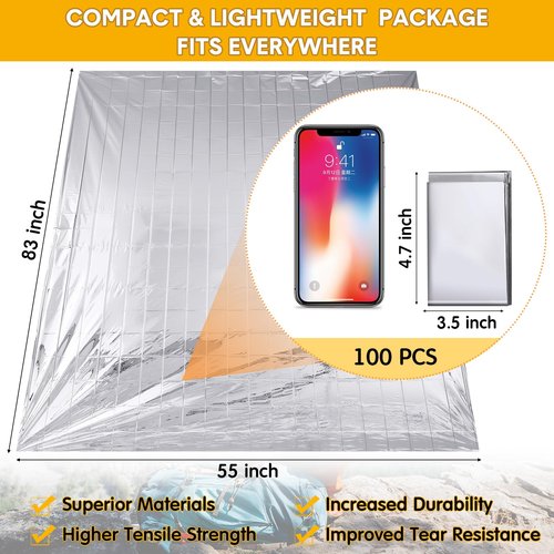 Copkim 100 Pcs Emergency Blankets for Survival 83 x 55 Emergency Foil Thermal Reflective Space Blanket Bulk Waterproof Individually Wrap Survival for Car Camping Outdoor Homeless