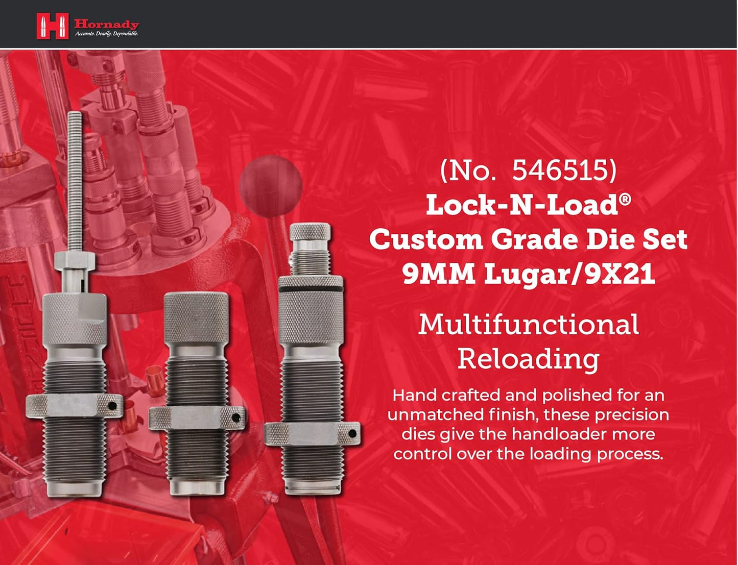 Hornady Custom Grade New Dimension 3-Die Set - Caliber Specific Reloading Equipment for Handloaders with Full Length Sizer Die, Seating Die, Sure-Loc Rings, & Storage Box