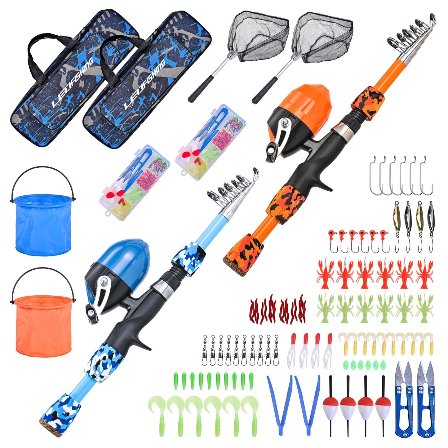 LEOFISHING 2 Set Kids Fishing Pole Set with Full Starter Kits Portable Telescopic Fishing Rod and Reel Cambos with All The Necessary Fishing Kits for Boys Girls and Youth (2set (Blue +Orange))