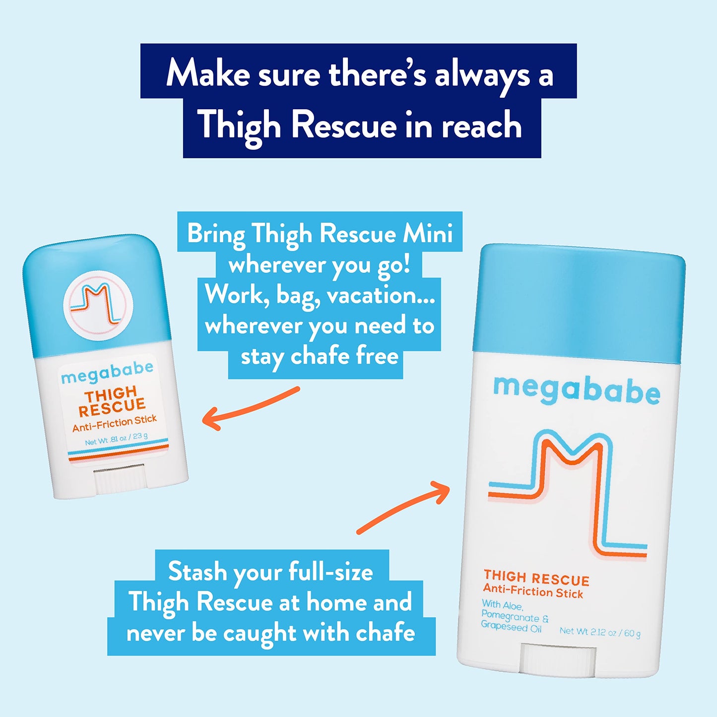 Megababe Anti-Chafe 2-Piece Bundle - Thigh Rescue Anti-Chafe Stick 2.12 oz & 0.81 oz Travel Size