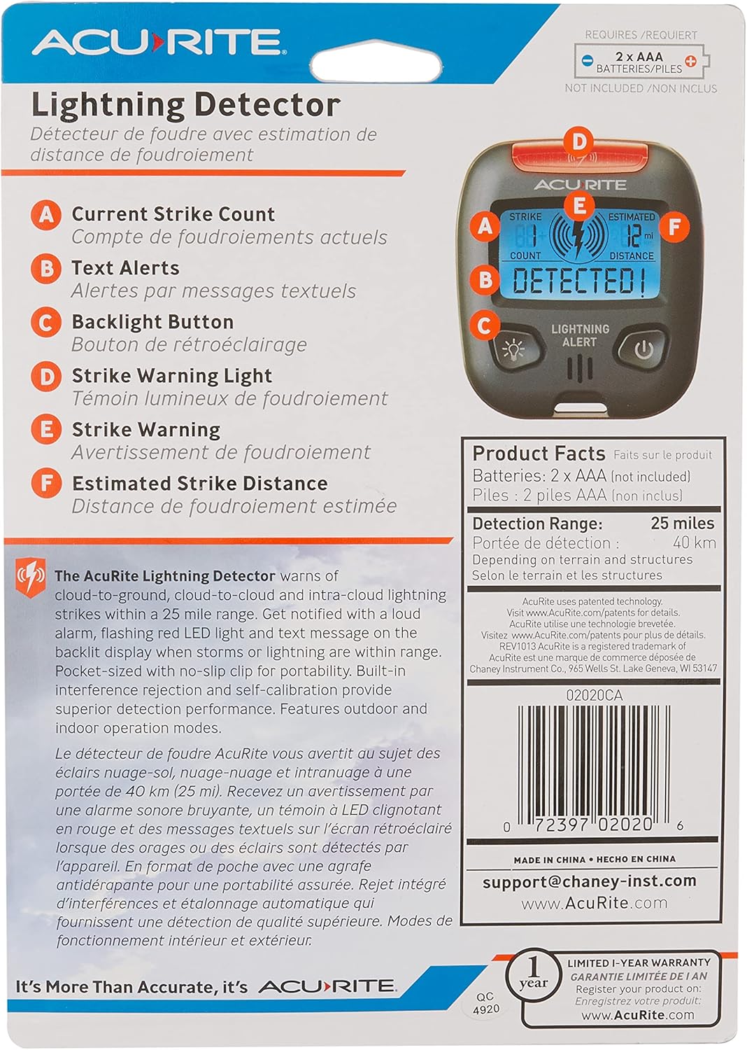 AcuRite 02020 Portable Lightning Detector Black, 2½L x 1W x 2¾H