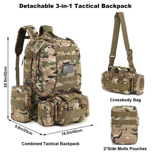 Yusudan Tactical Backpack for Men Women, Large Waterproof Military Backpack Detachable Molle Backpack Army Assault Pack (CP Camo)