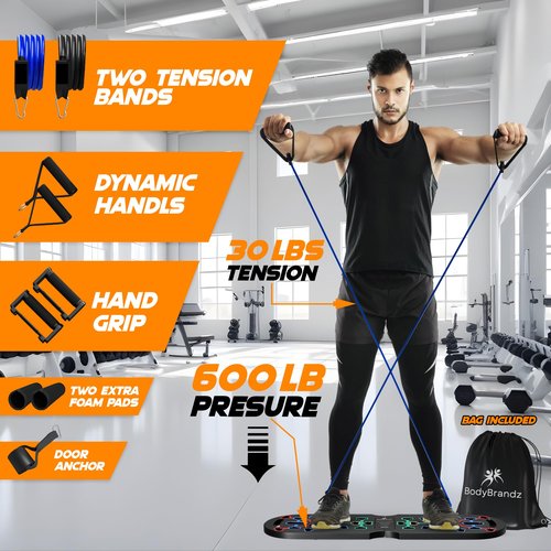 BodyBrandz Push Up Board – Pushup Board Exercise Equipment with Resistance Bands, Pushup Handles – Fitness Equipment for Strength Training, Full-Body Workout – Foldable Push Up Board for Home, Gym