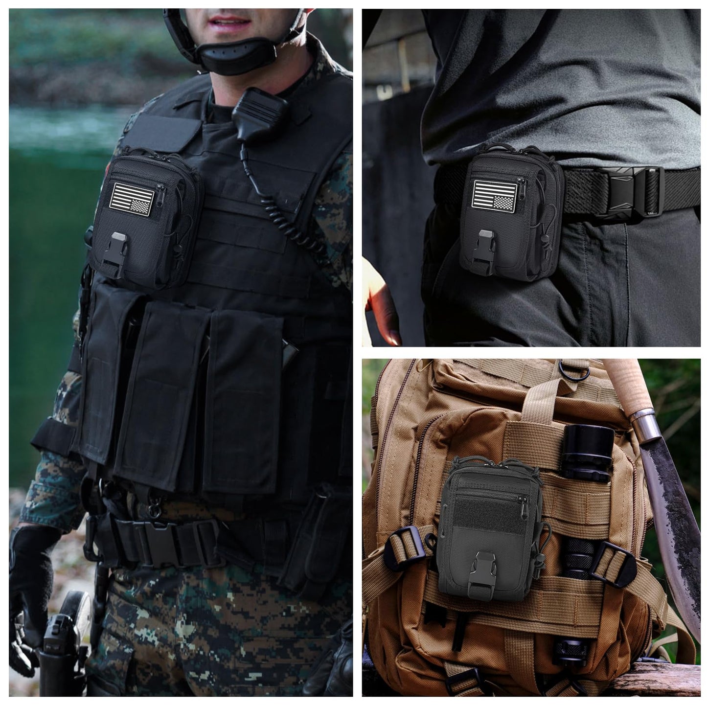 LarKoo Multipurpose Tactical Molle Belt Pouch EDC Gadget Organizer Slim Utility Waist Bag with Compass Buckle Carabiner Phone Holster Tool Kit Pack Large